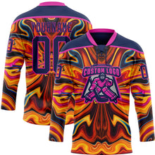 Charger l'image dans la galerie, Custom Navy Yellow-Deep Pink 3D Pattern Trippy Psychedelic Fluid Hockey Lace Neck Jersey
