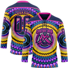 Charger l'image dans la galerie, Custom Navy Purple Yellow-Deep Pink 3D Pattern Trippy Psychedelic Hockey Lace Neck Jersey
