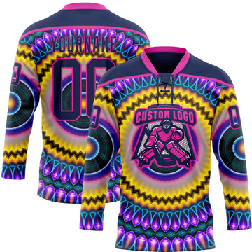Custom Navy Purple Yellow-Deep Pink 3D Pattern Trippy Psychedelic Hockey Lace Neck Jersey