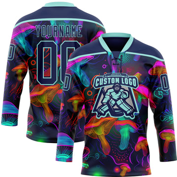 Custom Navy Ice Blue Yellow-Pink 3D Pattern Trippy Psychedelic Magic Mushrooms Hockey Lace Neck Jersey
