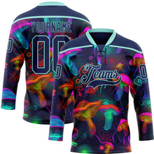 Charger l'image dans la galerie, Custom Navy Ice Blue Yellow-Pink 3D Pattern Trippy Psychedelic Magic Mushrooms Hockey Lace Neck Jersey
