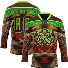 Загрузить изображение в средство просмотра галереи, Custom Brown Neon Green Red-Blue 3D Pattern Trippy Psychedelic Hockey Lace Neck Jersey
