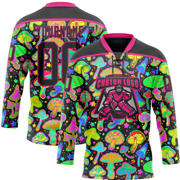 Custom Black Hot Pink 3D Pattern Trippy Psychedelic Magic Mushrooms Hockey Lace Neck Jersey