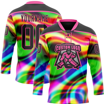 Custom Black Pink Yellow Green-Blue 3D Pattern Trippy Psychedelic Neon Trendy Holographic Vaporwave Style Hockey Lace Neck Jersey