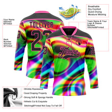Charger l'image dans la galerie, Custom Black Pink Yellow Green-Blue 3D Pattern Trippy Psychedelic Neon Trendy Holographic Vaporwave Style Hockey Lace Neck Jersey
