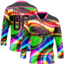 Charger l'image dans la galerie, Custom Black Pink Yellow Green-Blue 3D Pattern Trippy Psychedelic Neon Trendy Holographic Vaporwave Style Hockey Lace Neck Jersey
