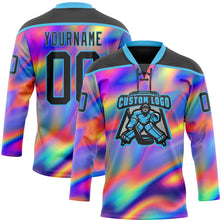 Laden Sie das Bild in den Galerie-Viewer, Custom Black Sky Blue Yellow-Green 3D Pattern Trippy Psychedelic Neon Trendy Holographic Vaporwave Style Hockey Lace Neck Jersey
