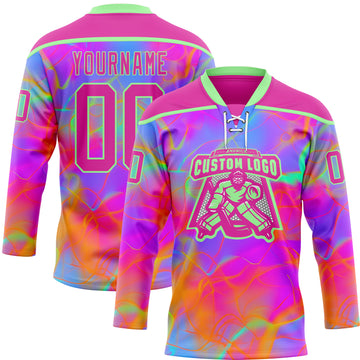 Custom Deep Pink Pea Green Purple-Orange 3D Pattern Trippy Psychedelic Neon Hockey Lace Neck Jersey