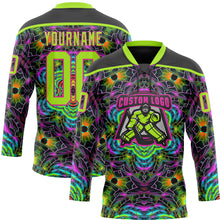 Charger l'image dans la galerie, Custom Black Neon Green-Hot Pink 3D Pattern Trippy Psychedelic Geometric Hockey Lace Neck Jersey

