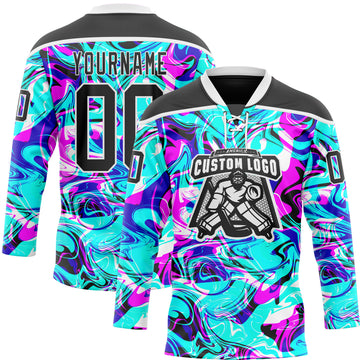 Custom Blue Black Deep Pink-White 3D Pattern Trippy Psychedelic Fluid Hockey Lace Neck Jersey