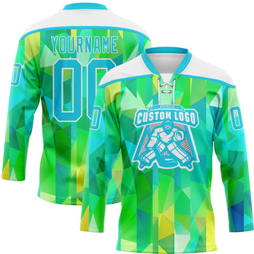 Custom Green Lakes Blue-White 3D Pattern Trippy Psychedelic Geometric Hockey Lace Neck Jersey