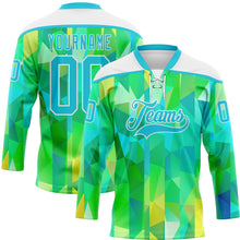 Загрузить изображение в средство просмотра галереи, Custom Green Lakes Blue-White 3D Pattern Trippy Psychedelic Geometric Hockey Lace Neck Jersey
