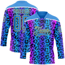 Загрузить изображение в средство просмотра галереи, Custom Powder Blue Pink Gold-White 3D Pattern Leopard Print Neon Hockey Lace Neck Jersey

