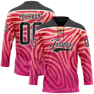 Custom Pink Black-White 3D Pattern Zebra Print Hockey Lace Neck Jersey