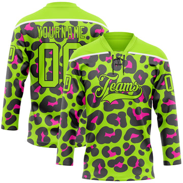 Custom Neon Green Pink Black-White 3D Pattern Leopard Print Neon Hockey Lace Neck Jersey