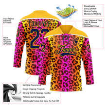 Загрузить изображение в средство просмотра галереи, Custom Gold Navy-Pink 3D Pattern Leopard Print Neon Hockey Lace Neck Jersey
