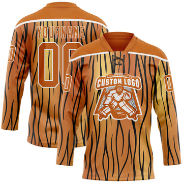 Custom Texas Orange Black-White 3D Pattern Tiger Print Hockey Lace Neck Jersey