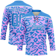 Charger l'image dans la galerie, Custom Pink Powder Blue-White 3D Pattern Leopard Print Neon Hockey Lace Neck Jersey
