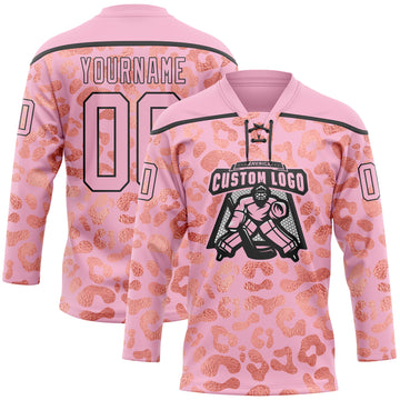 Custom Light Pink Black 3D Pattern Leopard Print Neon Hockey Lace Neck Jersey