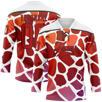 Custom White Red-Black 3D Pattern Gradient Giraffe Print Neon Hockey Lace Neck Jersey