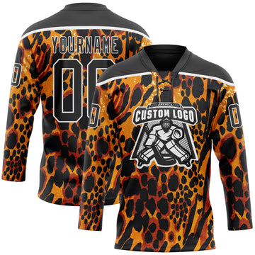 Custom Orange Black-White 3D Pattern Leopard Print Hockey Lace Neck Jersey