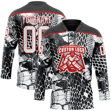 Custom Black White-Red 3D Pattern Snake Skin Print Hockey Lace Neck Jersey