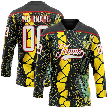 Custom Black White Yellow-Red 3D Pattern Snake Skin Print Hockey Lace Neck Jersey