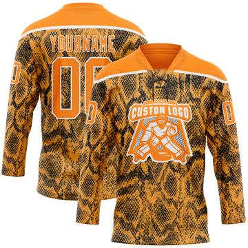 Custom Bay Orange Black-White 3D Pattern Snake Skin Print Hockey Lace Neck Jersey
