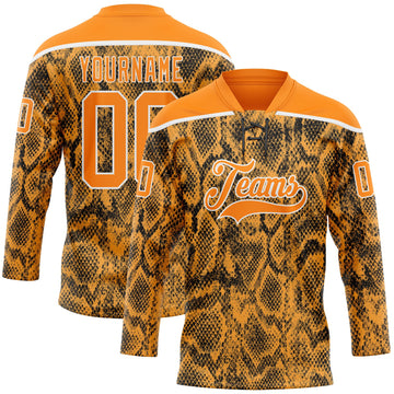 Custom Bay Orange Black-White 3D Pattern Snake Skin Print Hockey Lace Neck Jersey