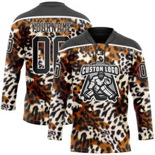 Загрузить изображение в средство просмотра галереи, Custom Black Brown Cream-White 3D Pattern Leopard Print Hockey Lace Neck Jersey
