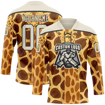 Custom Yellow Cream Brown-Black 3D Pattern Giraffe Print Hockey Lace Neck Jersey