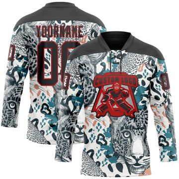 Custom White Black Blue-Red 3D Pattern Leopard Hockey Lace Neck Jersey