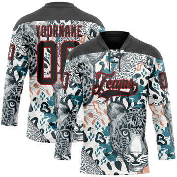 Custom White Black Blue-Red 3D Pattern Leopard Hockey Lace Neck Jersey