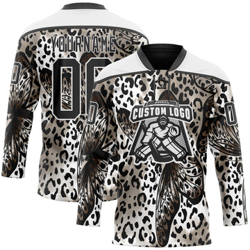 Custom White Black 3D Pattern Leopard Print Hockey Lace Neck Jersey