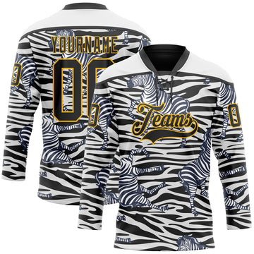 Custom White Black-Gold 3D Pattern Zebra Print Hockey Lace Neck Jersey