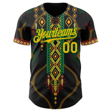 Custom Black Gold Grass Green-Red 3D Pattern Design Black History Month Africa Tribal Authentic Baseball Jersey