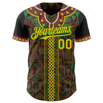 Custom Black Gold Grass Green-Red 3D Pattern Design Black History Month Africa Tribal Authentic Baseball Jersey