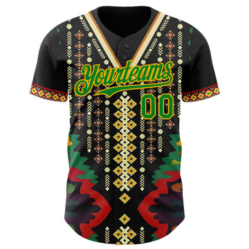Custom Black Grass Green Red-Gold 3D Pattern Design Black History Month Africa Tribal Authentic Baseball Jersey