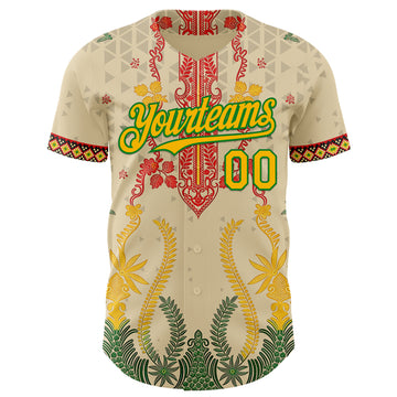 Custom Cream Gold Red-Grass Green 3D Pattern Design Black History Month Africa Tribal Authentic Baseball Jersey