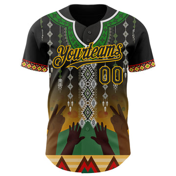 Custom Black Green Gold-Red 3D Pattern Design Black History Month Africa Tribal Authentic Baseball Jersey