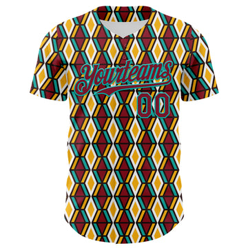 Custom White Crimson Yellow-Aqua 3D Pattern Design Black History Month Abstract Geometric Authentic Baseball Jersey