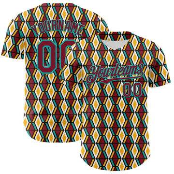 Custom White Crimson Yellow-Aqua 3D Pattern Design Black History Month Abstract Geometric Authentic Baseball Jersey