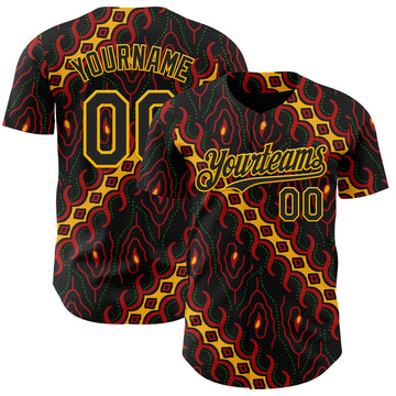 Custom Black Red Gold-Green 3D Pattern Design Black History Month Abstract Authentic Baseball Jersey