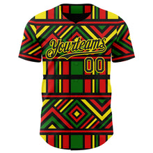 Load image into Gallery viewer, Custom Green Black Red-Light Yellow 3D Pattern Design Black History Month African Ethnicity Style Abstract Geometric Authentic Baseball Jersey
