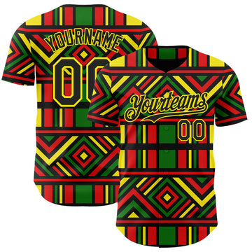 Custom Green Black Red-Light Yellow 3D Pattern Design Black History Month African Ethnicity Style Abstract Geometric Authentic Baseball Jersey