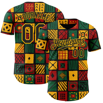 Custom Black Gold Green-Red 3D Pattern Design Black History Month African Ethnicity Style Abstract Geometric Authentic Baseball Jersey