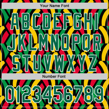 Load image into Gallery viewer, Custom Black Kelly Green Red Yellow-White 3D Pattern Design Black History Month African Ethnicity Style Abstract Geometric Authentic Baseball Jersey
