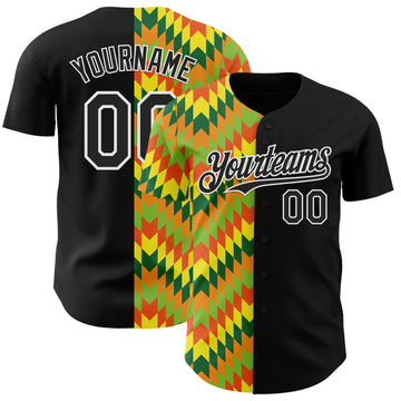Custom Black Yellow Green Red-Orange 3D Pattern Design Black History Month African Ethnicity Style Abstract Geometric Authentic Baseball Jersey