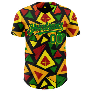 Custom Black Grass Green Red Light Yellow-Gold 3D Pattern Design Black History Month African Ethnicity Style Abstract Geometric Authentic Baseball Jersey