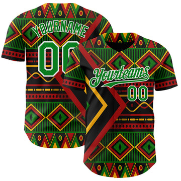 Custom Black Grass Green Red Yellow-White 3D Pattern Design Black History Month African Ethnicity Style Abstract Geometric Authentic Baseball Jersey